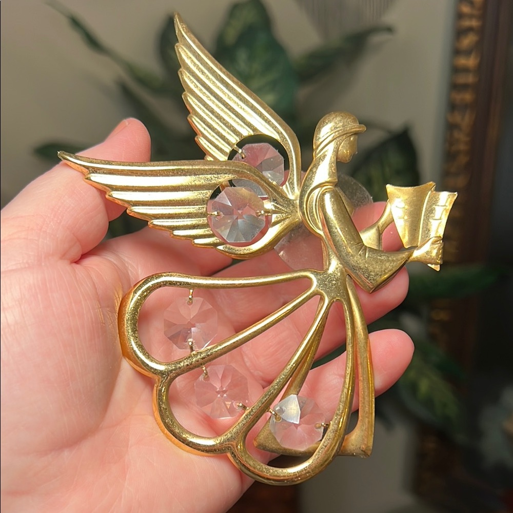 VTG 24k Gold Plated Brass Austrian Crystal Angel Suncatcher Window Ornament